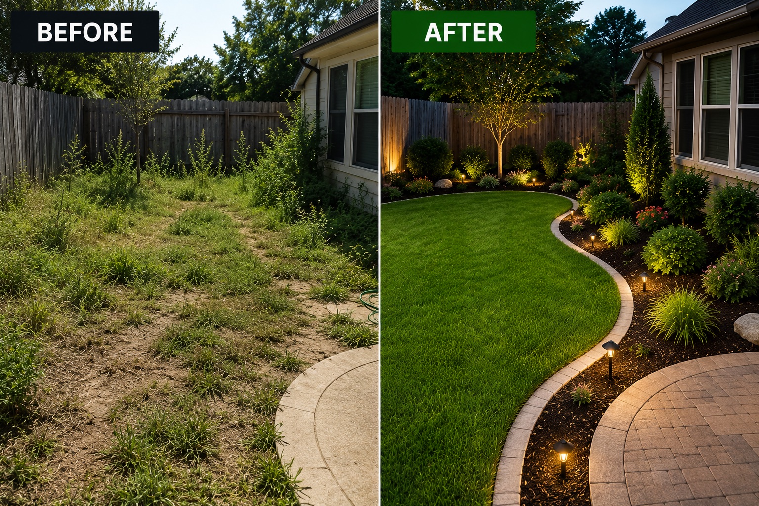 Before and after landscaping transformation showing an overgrown yard restored to a clean, welcoming outdoor space