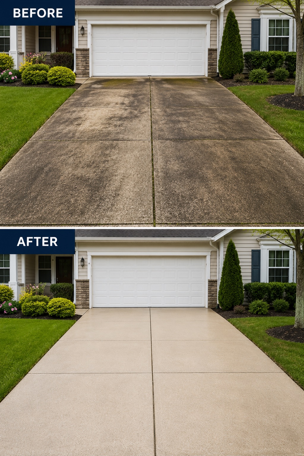 Driveway before and after pressure washing