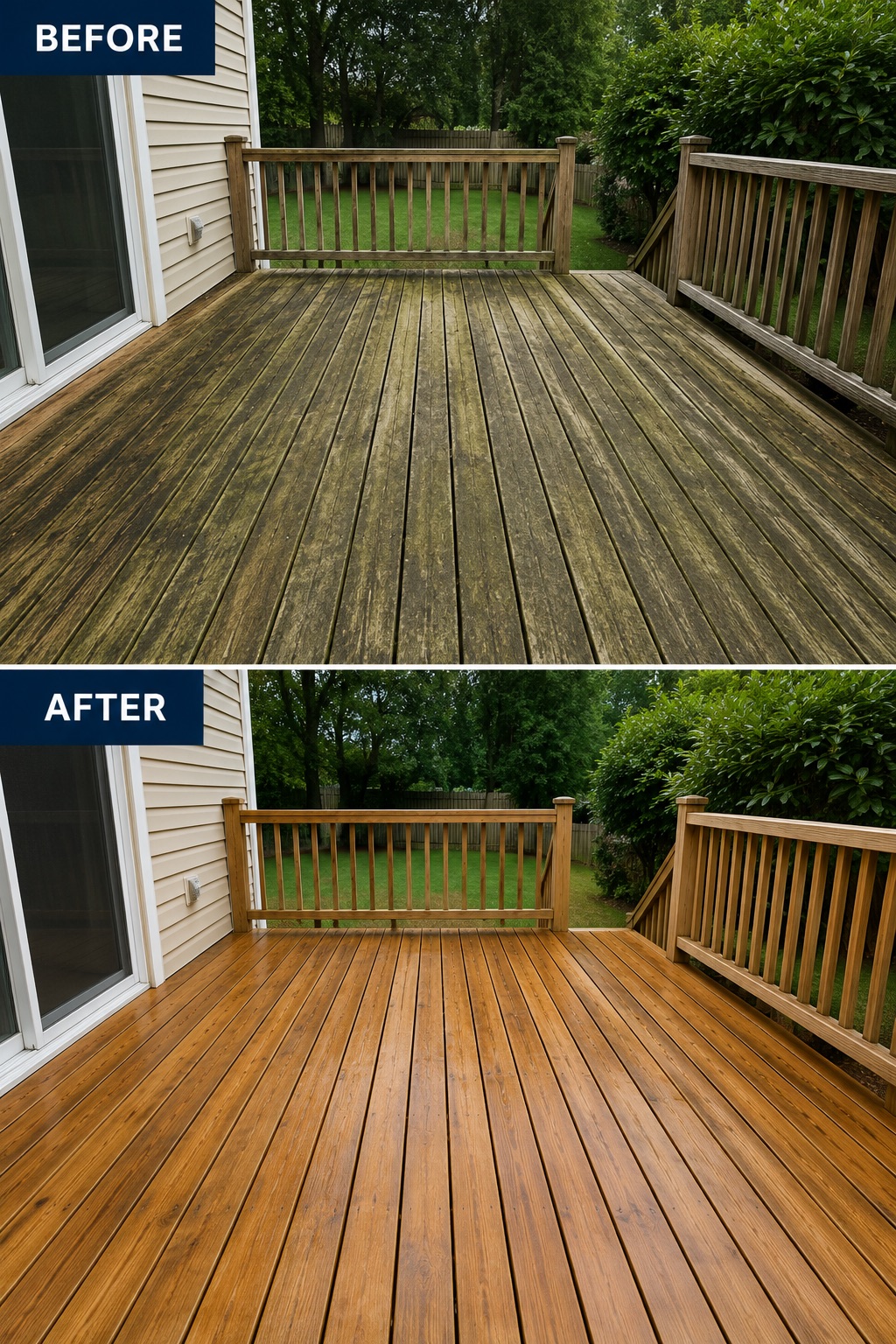 Deck before and after pressure washing